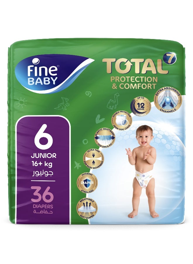 Fine Baby Total 7 Diapers, Size 6 Junior (15 kg+), 36 Count – Soft, Absorbent & Leak Proof Baby Diapers