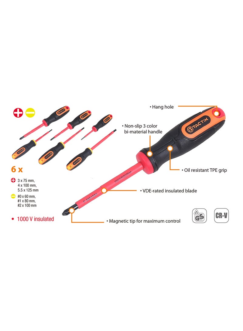 Tactix 6 Pcs Insulated Screwdriver Set, 3 Phillips And 3 Flat, Professional Cushion Grip, 1000V Insulated, Chrome-Vanadium Steel, 6-Piece Hand Tools Set- 205601 Black/Orange - Image 2