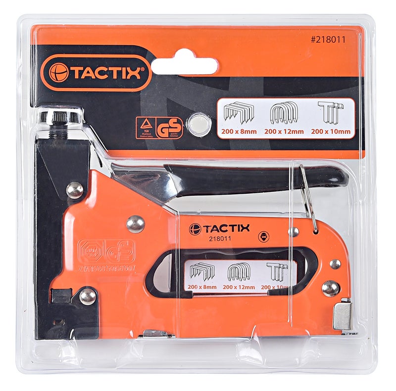 Tactix 3 in 1 Heavy Duty Staple Gun, Manual with Adjustable Power, Compatible with D, U, and T Staples for Upholstery, Decoration, Carpentry, Furniture, Ergonomic Handle, Black/Orange - 218011 Black/Orange - Image 2