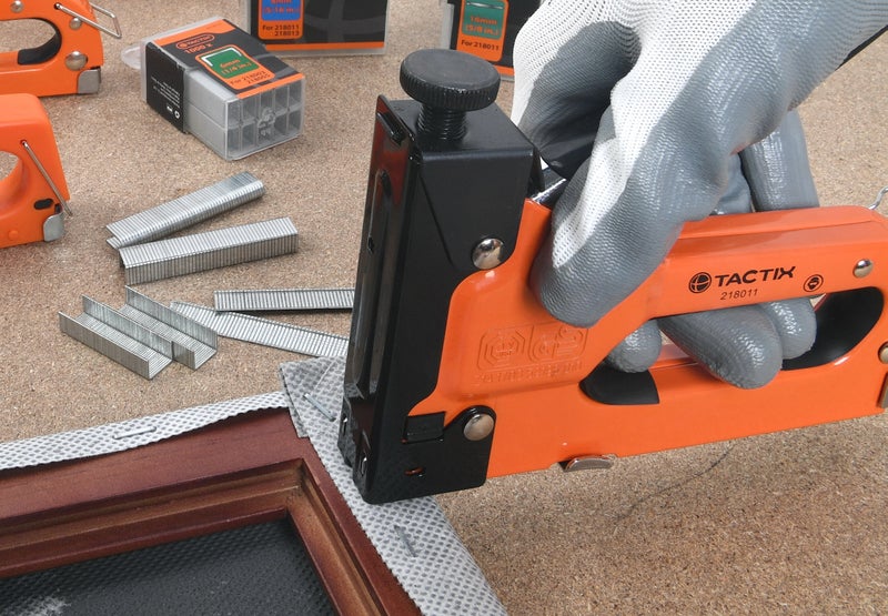 Tactix 3 in 1 Heavy Duty Staple Gun, Manual with Adjustable Power, Compatible with D, U, and T Staples for Upholstery, Decoration, Carpentry, Furniture, Ergonomic Handle, Black/Orange - 218011 Black/Orange - Image 3