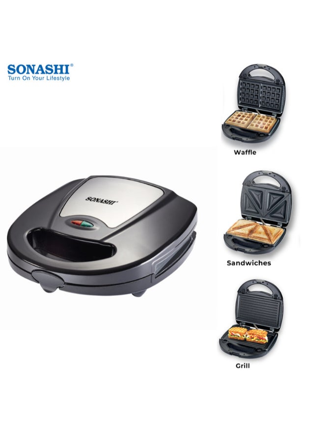 SONASHI - Multi-Snack Maker 3-in-1 - Non-Stick Detachable Cooking Plate | Cooks Delicious Crispy Sandwiches/Waffles/Grills | Cool Touch Handle | Automatic Temperature Control 760 W SSM-861 Black/Silver - Image 1