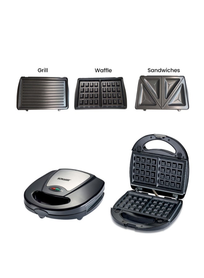 SONASHI - Multi-Snack Maker 3-in-1 - Non-Stick Detachable Cooking Plate | Cooks Delicious Crispy Sandwiches/Waffles/Grills | Cool Touch Handle | Automatic Temperature Control 760 W SSM-861 Black/Silver - Image 1