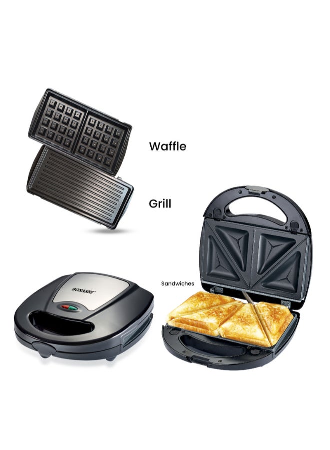 SONASHI - Multi-Snack Maker 3-in-1 - Non-Stick Detachable Cooking Plate | Cooks Delicious Crispy Sandwiches/Waffles/Grills | Cool Touch Handle | Automatic Temperature Control 760 W SSM-861 Black/Silver - Image 1