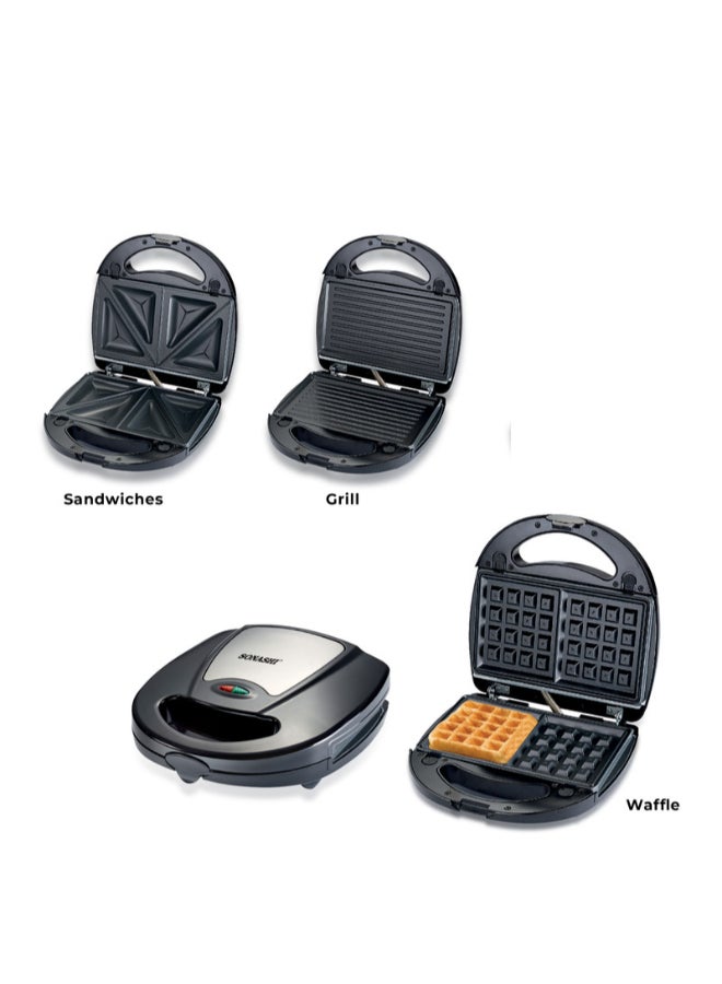 SONASHI - Multi-Snack Maker 3-in-1 - Non-Stick Detachable Cooking Plate | Cooks Delicious Crispy Sandwiches/Waffles/Grills | Cool Touch Handle | Automatic Temperature Control 760 W SSM-861 Black/Silver - Image 1
