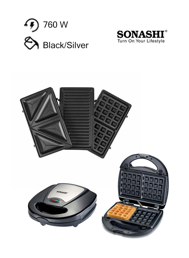 SONASHI Multi-Snack Maker 3-in-1 - Non-Stick Detachable Cooking Plate | Cooks Delicious Crispy Sandwiches/Waffles/Grills | Cool Touch Handle | Automatic Temperature Control 760 W SSM-861 Black/Silver 