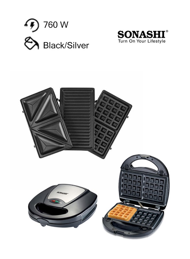 SONASHI - Multi-Snack Maker 3-in-1 - Non-Stick Detachable Cooking Plate | Cooks Delicious Crispy Sandwiches/Waffles/Grills | Cool Touch Handle | Automatic Temperature Control 760 W SSM-861 Black/Silver - Image 1