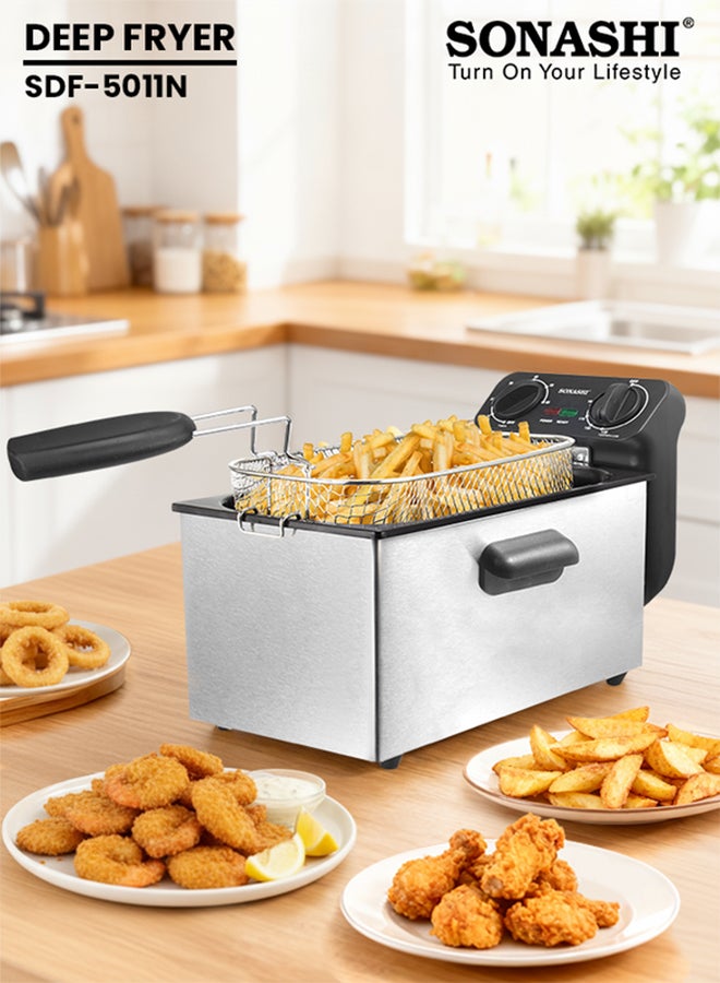 SONASHI 3L Deep Fryer with Stainless Steel Housing | 2000W - 2100W | Perfect for French Fries, Chicken Wings | Heat Resistant Handles for Safe Use |SDF-5011 Silver/Black 3 L 2100 W SDF-5011 Silver/Black - Image 1