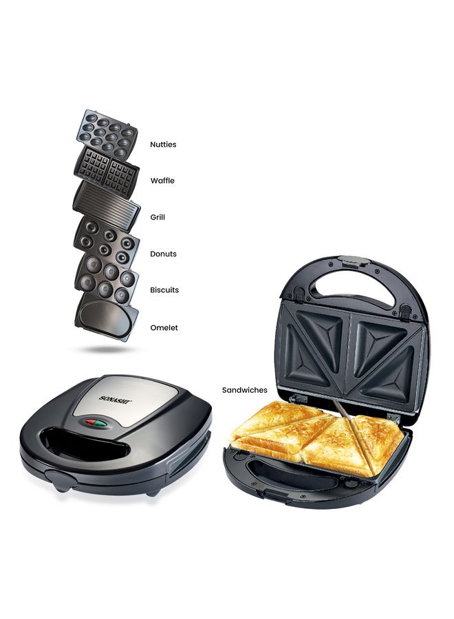 SONASHI 7-In-1 Non-Stick Multi Snacks Maker with Sandwich/Panini-Grill-Waffle-Donut-Nutty-Biscuit-Omelette Detachable Plates 760 W SSM-862 Black/Silver 