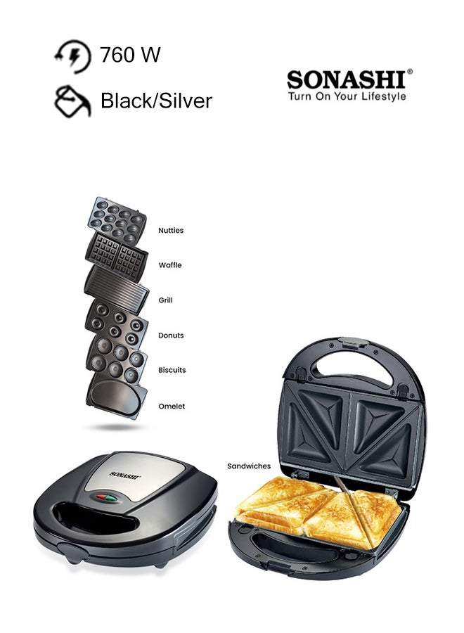 SONASHI 7-In-1 Non-Stick Multi Snacks Maker with Sandwich/Panini-Grill-Waffle-Donut-Nutty-Biscuit-Omelette Detachable Plates 760 W SSM-862 Black/Silver 