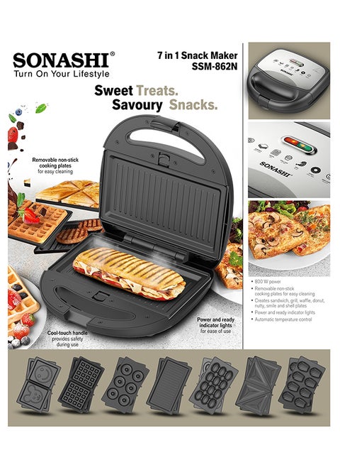 7-In-1 Non-Stick Multi Snack Maker with Detachable Sandwich/Grill/Waffle/Donut/Nutty/Smile/Shell Cake Plates | Compact Body with Cool-touch Handle | Indicator Light with Auto Cut-OFF feature | Anti-skid Feet 800 W SSM-862 Black/Silver