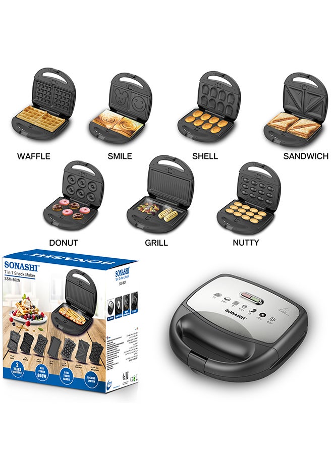 SONASHI 7-In-1 Non-Stick Multi Snack Maker with Detachable Sandwich/Grill/Waffle/Donut/Nutty/Smile/Shell Cake Plates | Compact Body with Cool-touch Handle | Indicator Light with Auto Cut-OFF feature | Anti-skid Feet 800 W SSM-862 Black/Silver - Image 5