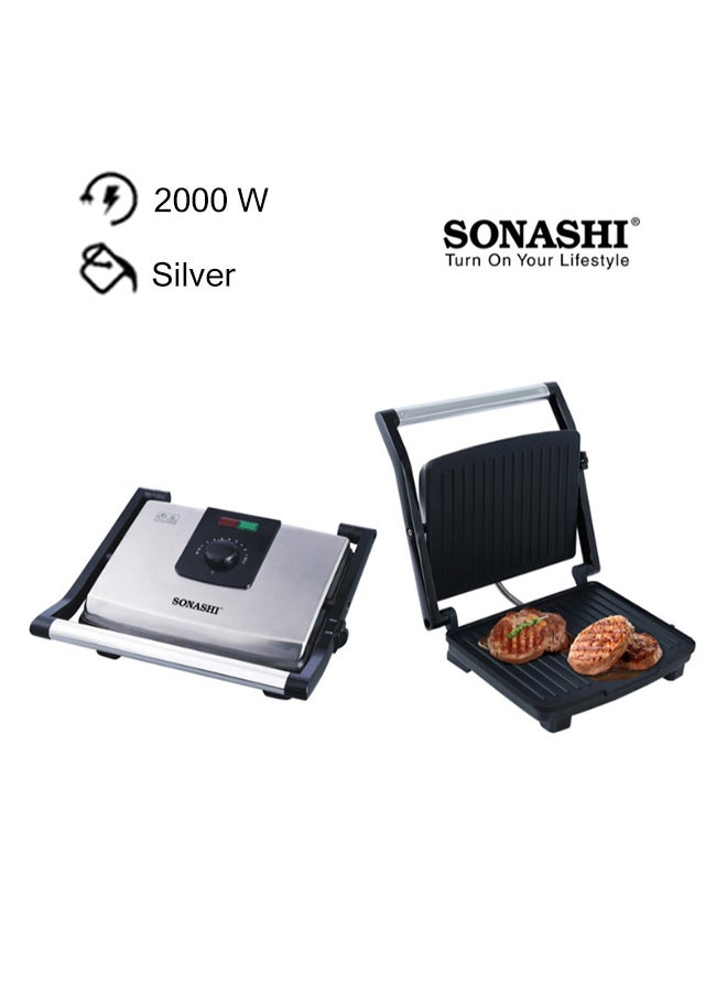 SONASHI 4 Slice Contact Grill Maker – Non-Stick, Stainless Steel Body with Cool Touch Handles | Power On & Ready Indicator with Overheat Protection | Open to 180 Degree 2000 W SGT-854 Black/Silver 