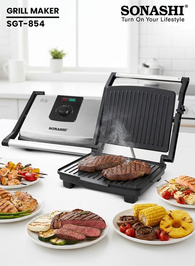 SONASHI 2000W 4 Slice Non-Stick Contact Grill & Panini Maker | Stainless Steel Body with Cool Touch Handles | Power On & Ready Indicator with Overheat Protection | SGT-854 Black/Silver 2000 W SGT-854 Black/Silver - Image 1