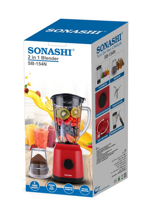 SONASHI - 2 in 1 Powerful Blender - 1.8L Unbreakable Blender Jar and Grinding Cup | Featured with 2 Speed Switch with Pulse Control, Overheat Protection, and Safety Lock System 650 W SB-154 Red - Image 1