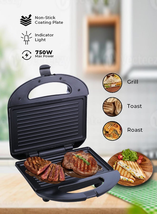 2 Slice Grill Maker – Non-Stick, Stainless Steel Sandwich Maker with Handle Locking System, Indicator Light, Overheat Protection 750 W SGT-853 Black/Silver