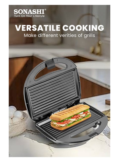 2 Slice Grill Maker – Non-Stick, Stainless Steel Sandwich Maker with Handle Locking System, Indicator Light, Overheat Protection 750 W SGT-853 Black/Silver