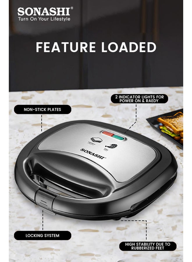 SONASHI 2 Slice Grill Maker – Non-Stick, Stainless Steel Sandwich Maker with Handle Locking System, Indicator Light, Overheat Protection 750 W SGT-853 Black/Silver  - Image 3