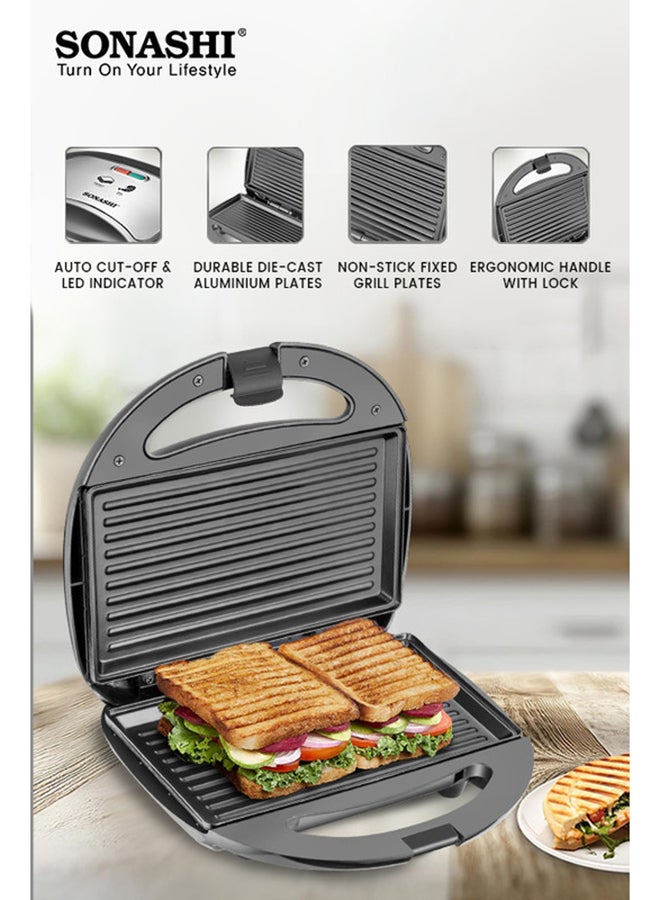 SONASHI 2 Slice Grill Maker – Non-Stick 750 W, Stainless Steel Sandwich Maker with Handle Locking System, Indicator Light, Overheat Protection 750 W SGT-853 Black/Silver - Image 4