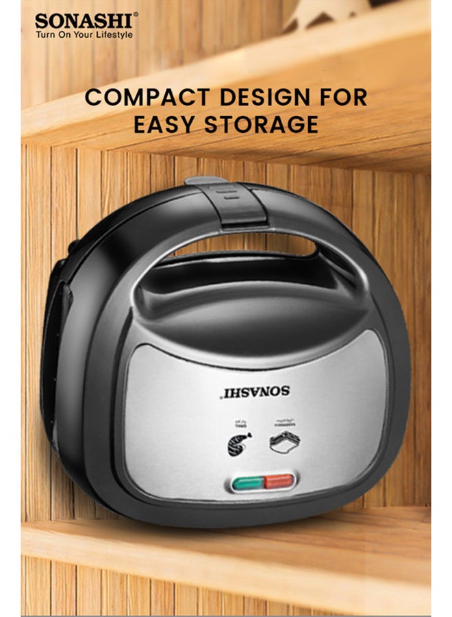 SONASHI 2 Slice Grill Maker – Non-Stick 750 W, Stainless Steel Sandwich Maker with Handle Locking System, Indicator Light, Overheat Protection 750 W SGT-853 Black/Silver - Image 5