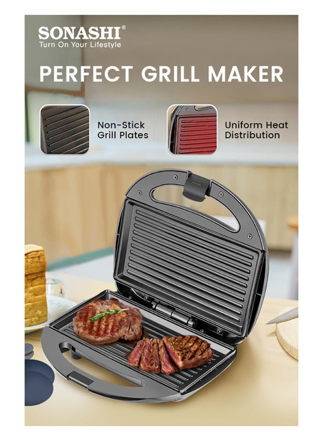 SONASHI 2 Slice Grill Maker – Non-Stick 750 W, Stainless Steel Sandwich Maker with Handle Locking System, Indicator Light, Overheat Protection 750 W SGT-853 Black/Silver - Image 2
