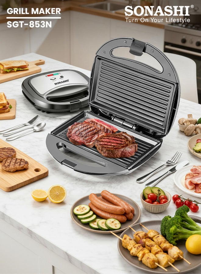 SONASHI 2 Slice Grill Maker – Non-Stick 750 W, Stainless Steel Sandwich Maker with Handle Locking System, Indicator Light, Overheat Protection 750 W SGT-853 Black/Silver - Image 1
