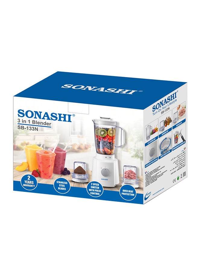 SONASHI - 3 in 1 Blender - Powerful Motor with 3 Speed Setting and Pulse Control | Transparent and Unbreakable Jars with Stainless Steel Blade | Featured with Overheat Protection and Safety Lock System 1.6 L 650 W SB-133N White/Clear - Image 1