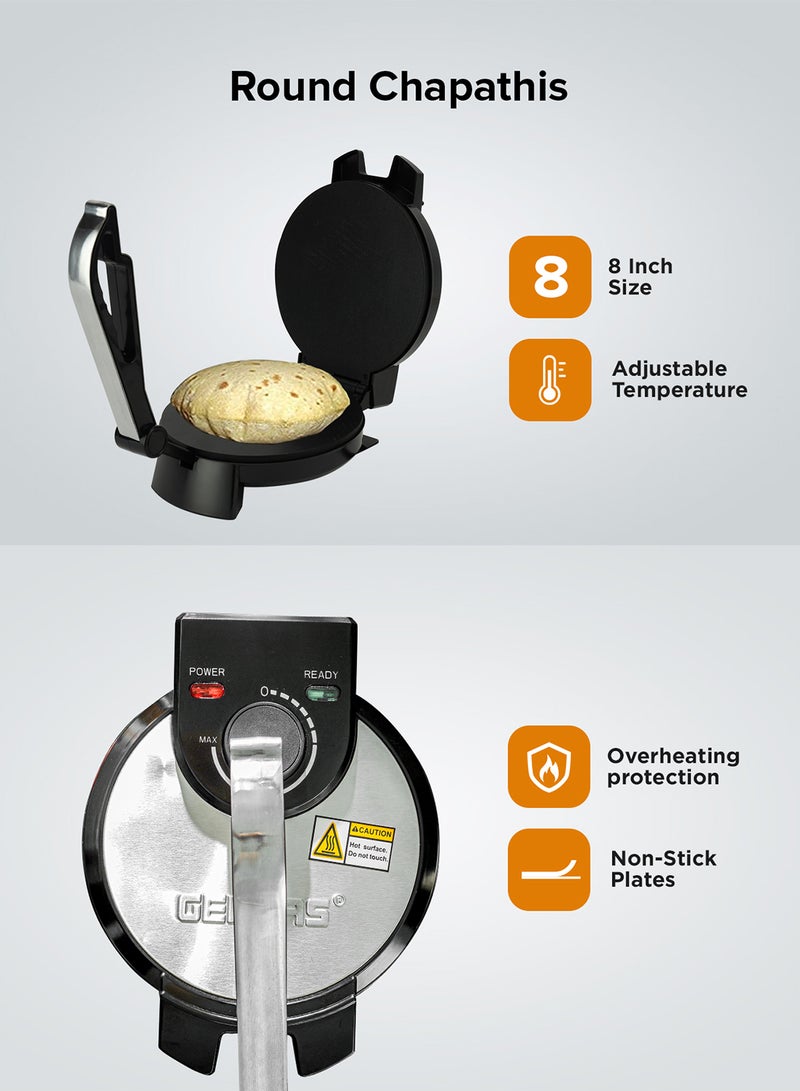 GEEPAS - 8" Chapathi Maker - Non-stick Coating with Thermostat Control | Cool Touch Handle with Indicator Lights | Ideal for Making Breads, Chapathi, Roti GCM5429 Silver/Black - Image 1