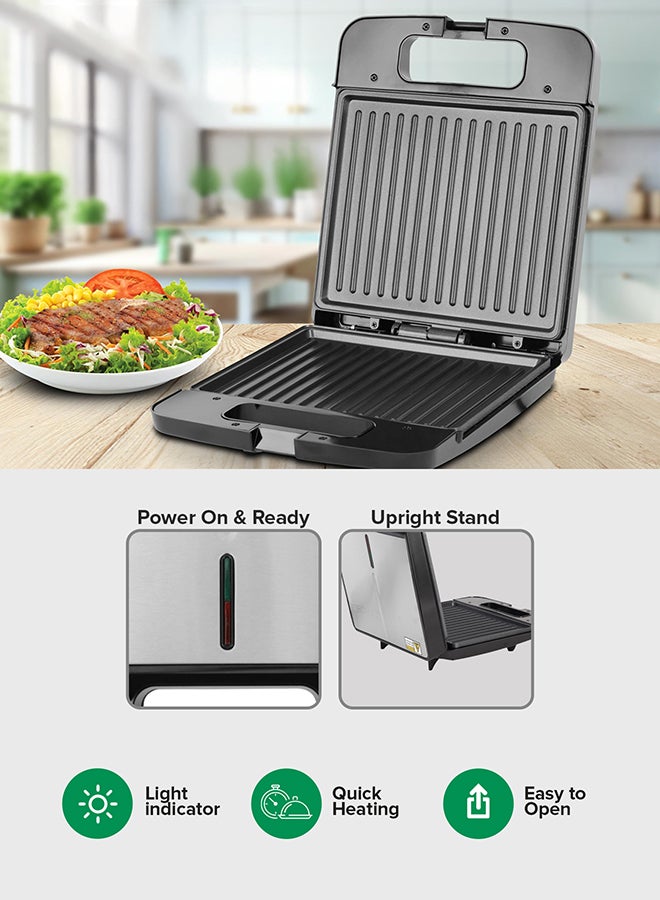 GEEPAS - Grill Maker, Power On & Ready Indicator, Non-Stick Cooking Plate, Cool Touch Housing, Thermostat Control, Upright Stand for Compact Storage 1400 W GGT671N Silver/Black - Image 1