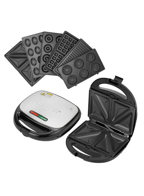 6-in-1 Non- Stick Multi Snacks Maker with Sandwich/Panini, Grill, Waffle,  Donut, Nutty, Biscuit Detachable Plates 850 W GST5364N Black & Silver
