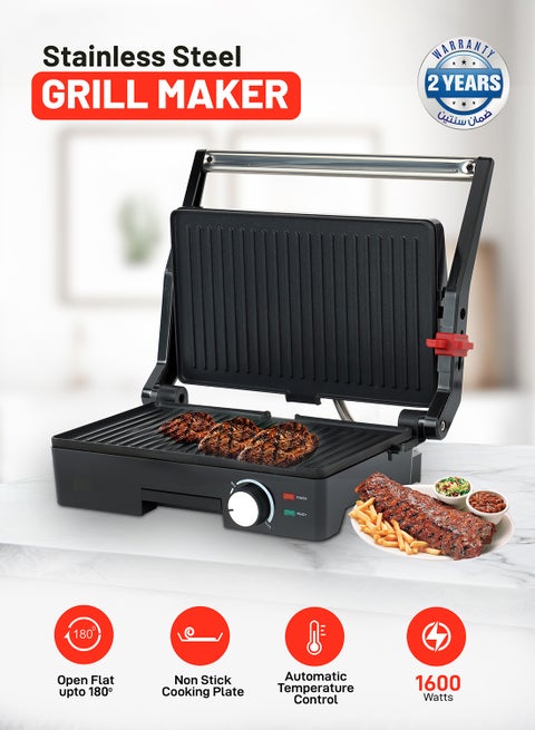 Stainless Steel Grill Maker, Power and Ready Light | Non-Stick Cooking Plate | Easy to Clean | Practical Cable Winding | Lid Locking for Space-Saving Vertical Storage | Pilot Light 1600 W GGM5394 Silver/Black