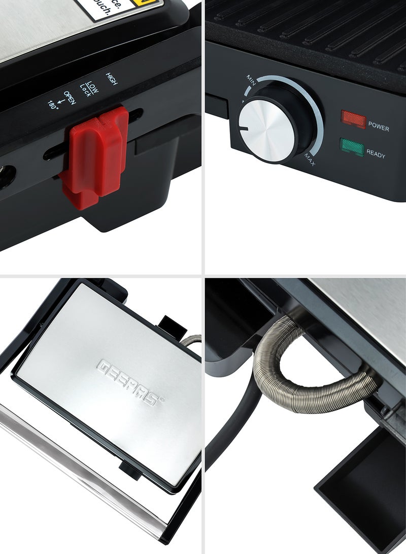 GEEPAS - Stainless Steel Grill Maker, Power and Ready Light | Non-Stick Cooking Plate | Easy to Clean | Practical Cable Winding | Lid Locking for Space-Saving Vertical Storage | Pilot Light 1600 W GGM5394 Silver/Black - Image 1