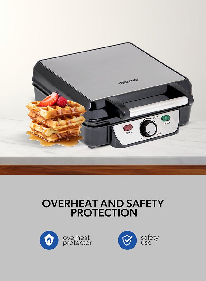 GEEPAS - Electric Waffle Maker -  4 Slice Non-Stick Electric Belgian Waffle Maker with Adjustable Temperature Control - Pre-heating, Cool Touch Body - Handle - Automatic Safety Protection 1100 W GWM5417 Silver/Black - Image 1