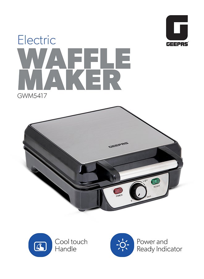 GEEPAS - Electric Waffle Maker -  4 Slice Non-Stick Electric Belgian Waffle Maker with Adjustable Temperature Control - Pre-heating, Cool Touch Body - Handle - Automatic Safety Protection 1100 W GWM5417 Silver/Black - Image 1