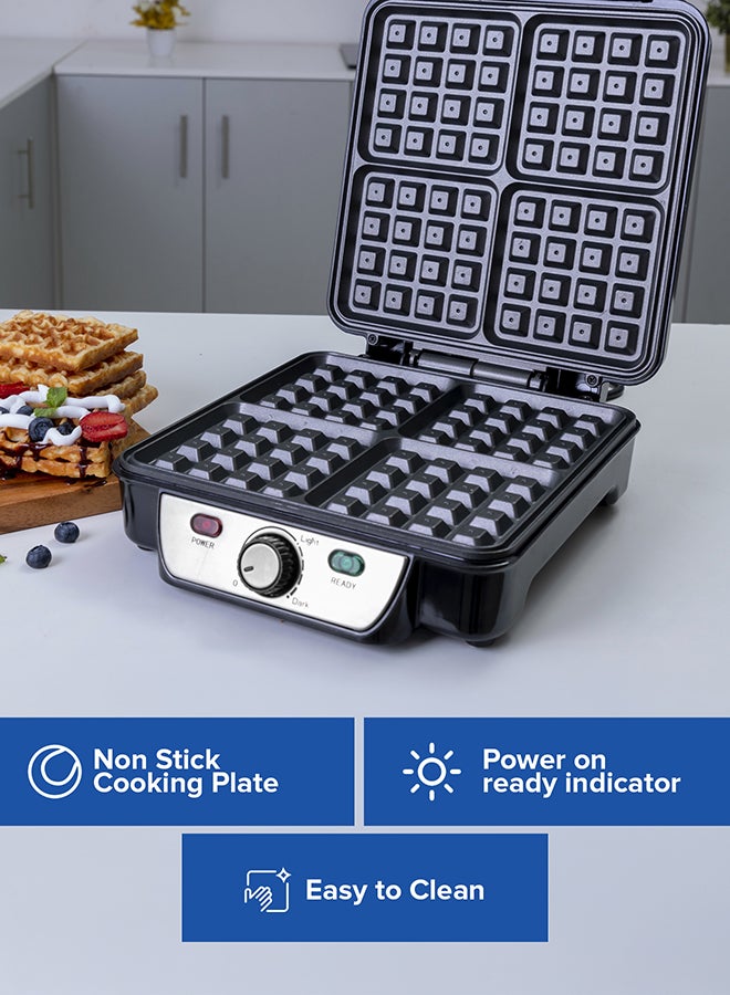 GEEPAS - Electric Waffle Maker -  4 Slice Non-Stick Electric Belgian Waffle Maker with Adjustable Temperature Control - Pre-heating, Cool Touch Body - Handle - Automatic Safety Protection 1100 W GWM5417 Silver/Black - Image 1