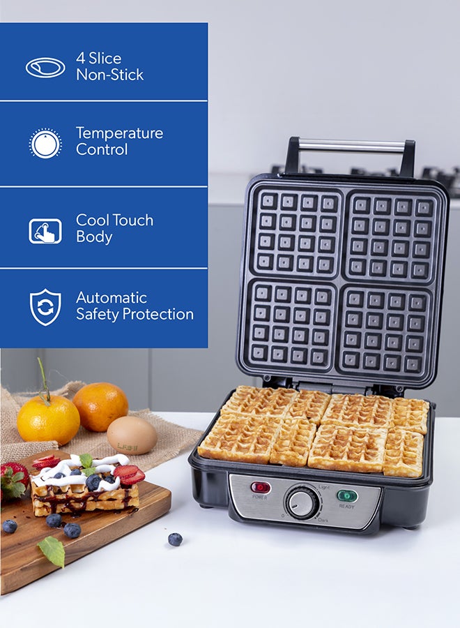 GEEPAS - Electric Waffle Maker -  4 Slice Non-Stick Electric Belgian Waffle Maker with Adjustable Temperature Control - Pre-heating, Cool Touch Body - Handle - Automatic Safety Protection 1100 W GWM5417 Silver/Black - Image 1