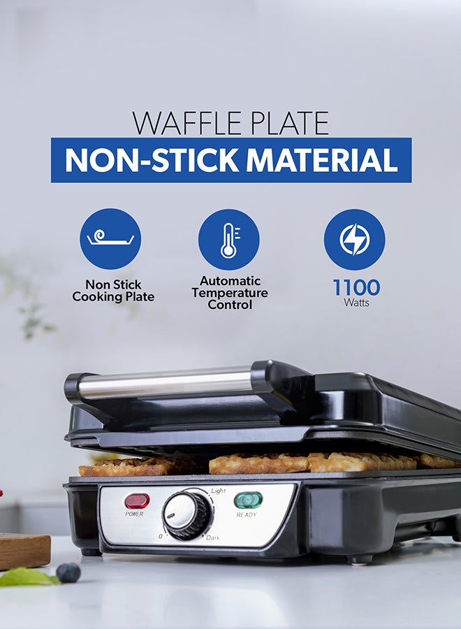 GEEPAS - Electric Waffle Maker -  4 Slice Non-Stick Electric Belgian Waffle Maker with Adjustable Temperature Control - Pre-heating, Cool Touch Body - Handle - Automatic Safety Protection 1100 W GWM5417 Silver/Black - Image 1