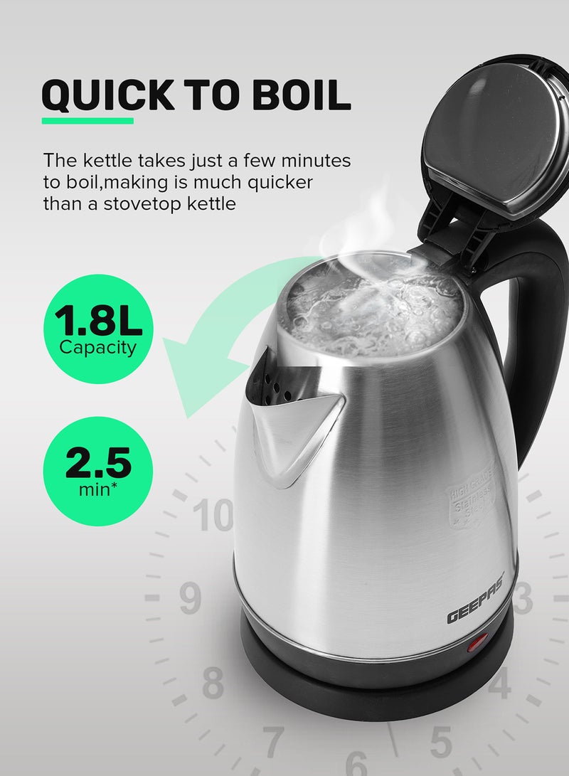 GEEPAS - Electric Tea Kettle 1.8 L, Auto Shut Off And Boil Dry Protection, Safety Lock Lid, 360 Degree Rotational Base, Stainless Steel, Ergonomic Handle, Perfect Pour, Large Capacity 1.8 L 1500 W GK5454B Silver/Black - Image 1