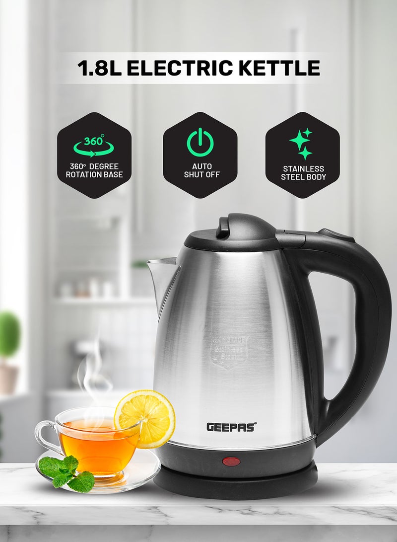 GEEPAS - Electric Tea Kettle 1.8 L, Auto Shut Off And Boil Dry Protection, Safety Lock Lid, 360 Degree Rotational Base, Stainless Steel, Ergonomic Handle, Perfect Pour, Large Capacity 1.8 L 1500 W GK5454B Silver/Black - Image 1