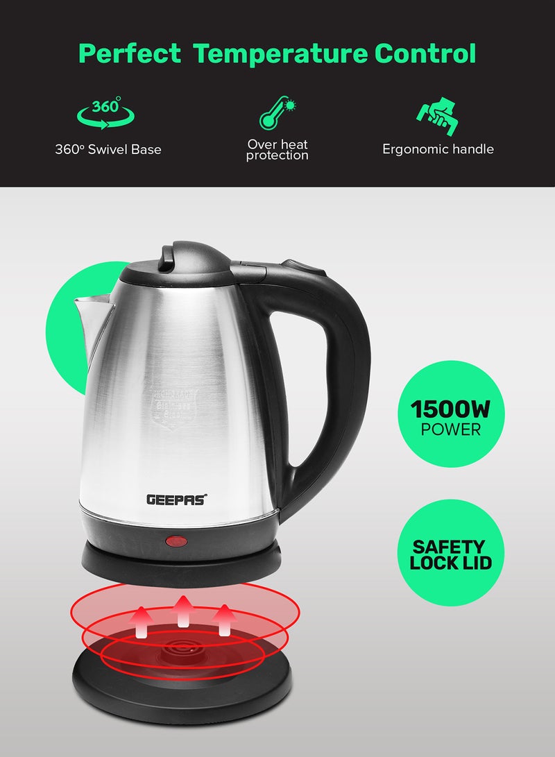 GEEPAS - Electric Tea Kettle 1.8 L, Auto Shut Off And Boil Dry Protection, Safety Lock Lid, 360 Degree Rotational Base, Stainless Steel, Ergonomic Handle, Perfect Pour, Large Capacity 1.8 L 1500 W GK5454B Silver/Black - Image 1