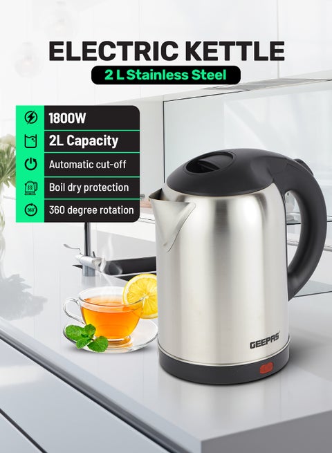 Stainless Steel Electric Kettle With Auto Shutt off and Boil Dry Protection 2 L 1800 W GK5466B Silver/Black