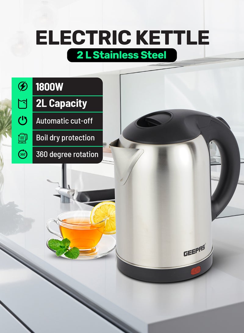 GEEPAS Stainless Steel Electric Kettle With Auto Shutt off and Boil Dry Protection 2 L 1800 W GK5466B Silver/Black - Image 1