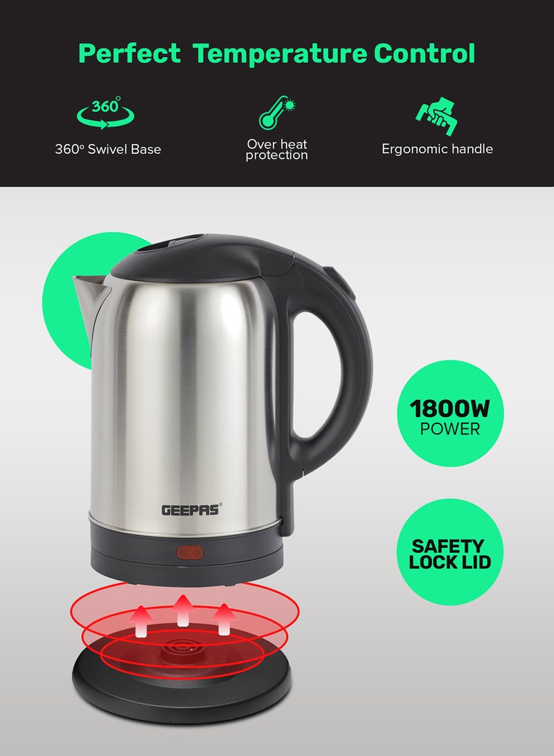 GEEPAS Stainless Steel Electric Kettle With Auto Shutt off and Boil Dry Protection 2 L 1800 W GK5466B Silver/Black - Image 5