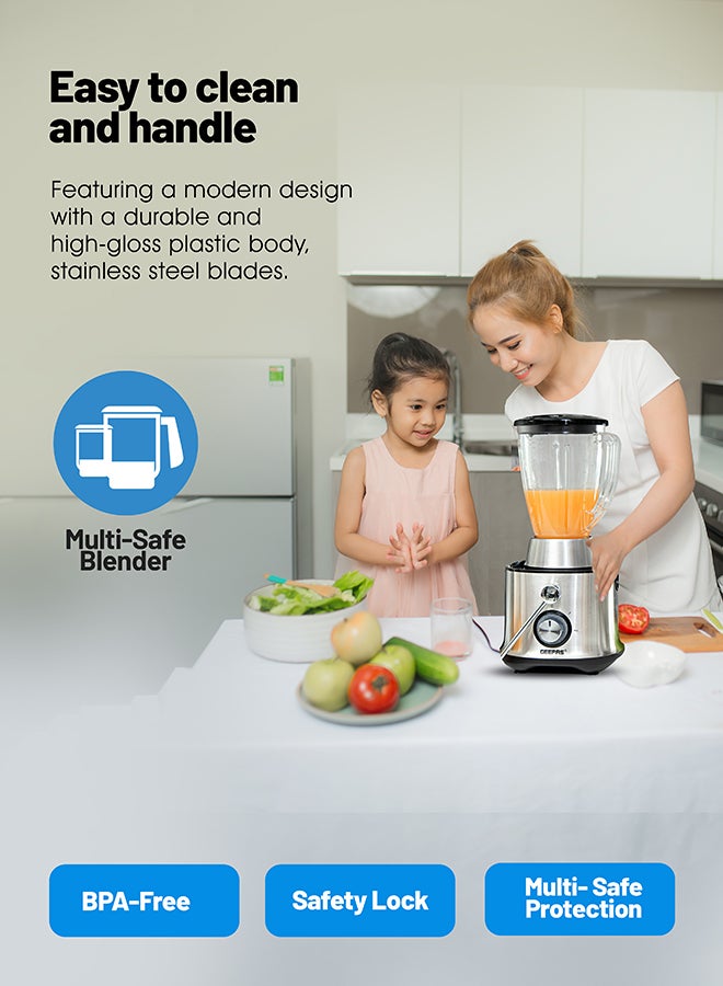 GEEPAS - 4-in-1 Juicer & Blender - Compact Electric Blender, Juicer, Chopper & Grinder | 2-Speed Pulse Function With LED Light for Ice Crusher, Powerful Versatile & Compact, Stainless Steel Blades 800 W GSB5451 Silver/Black - Image 1