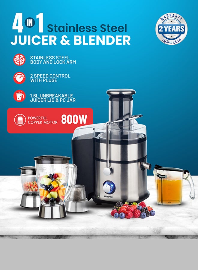 GEEPAS 4-in-1 Juicer & Blender - Compact Electric Blender, Juicer, Chopper & Grinder | 2-Speed Pulse Function With LED Light for Ice Crusher, Powerful Versatile & Compact, Stainless Steel Blades 800 W GSB5451 Silver/Black - Image 2