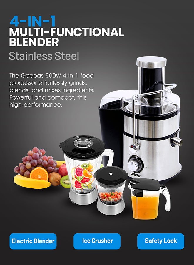 GEEPAS 4-in-1 Juicer & Blender - Compact Electric Blender, Juicer, Chopper & Grinder | 2-Speed Pulse Function With LED Light for Ice Crusher, Powerful Versatile & Compact, Stainless Steel Blades 800 W GSB5451 Silver/Black - Image 3