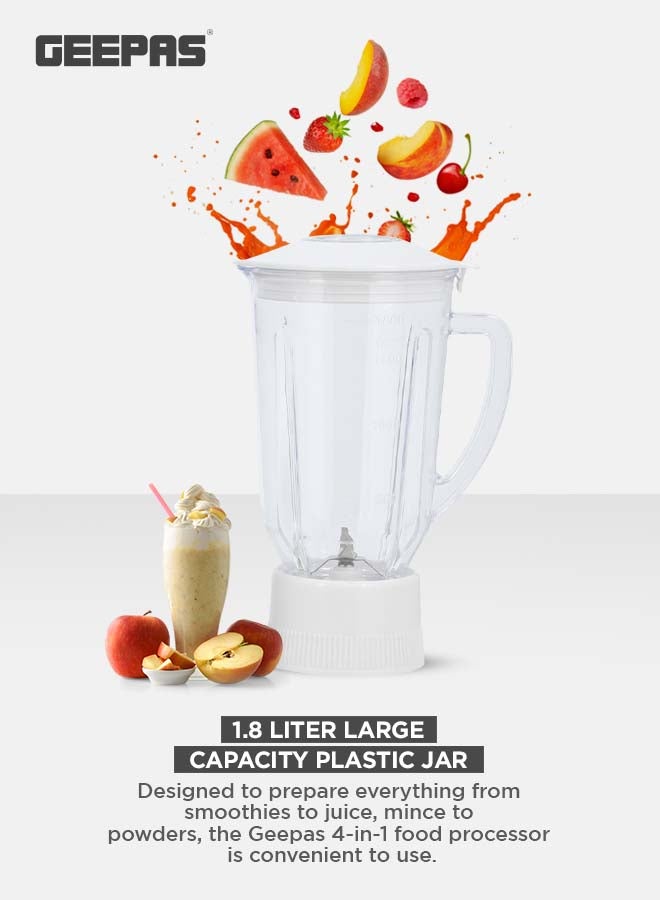 GEEPAS Multi-Functional 4-In-1 Food Processor (Juicer/Blender/ Grinder & Chopper) With Plastic Jar With SS Blades,2 Speed Control With Pulse 1.8 L 650 W GSB6147N White - Image 3