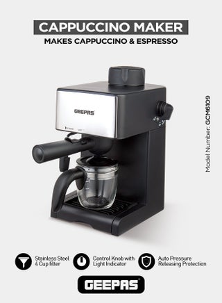 Cappuccino Maker / Espresso Maker with 4 cup Stainless Steel Filters, Automatic Pressure Release, Indicator On-Off Lights, 2 Cup Dispense 240 L GCM6109 Black - pnsku/N11043779A/45/_/1726597377/44d62919-dd03-4aa3-8b27-bcc071decb40