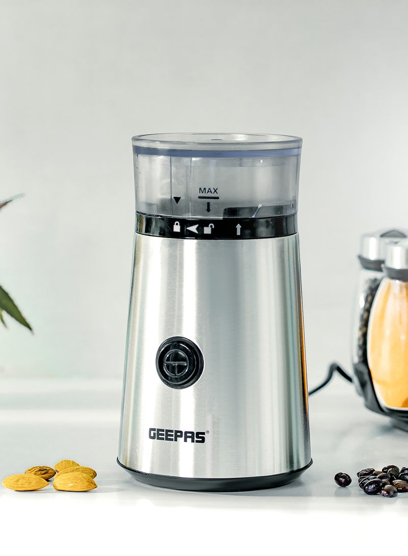 GEEPAS Stainless Steel Coffee Grinder, 55gms Grinder| Sharp Blades | Transparent Lid | Lid Safety Switch | Grinder for Dried Spice, Pepper, Grain, Coffee Bean, Nuts 150 W GCG5471N Silver - Image 1
