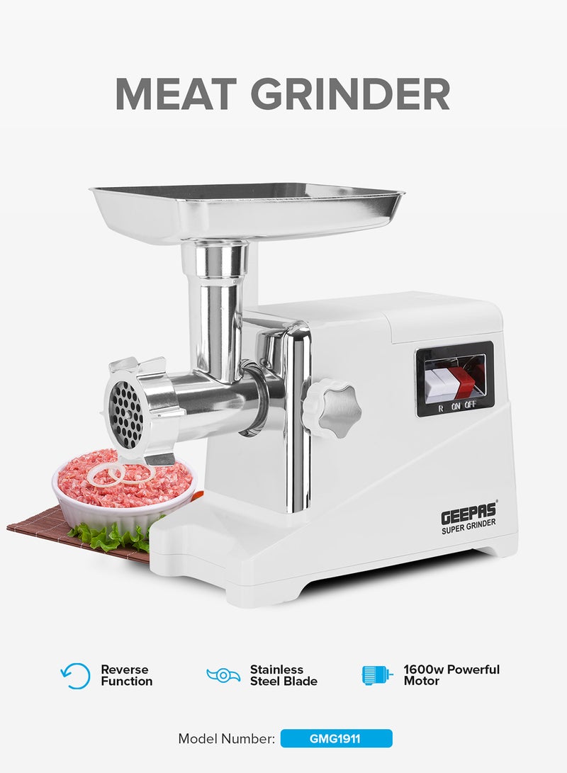 GEEPAS Metal Gear Meat Grinder with Reverse Function, Copper Material Motor, , 3 Cutting Plates -3MM, 5MM & 7 MM, Metal Gears 1600 W GMG1911 White  - Image 1