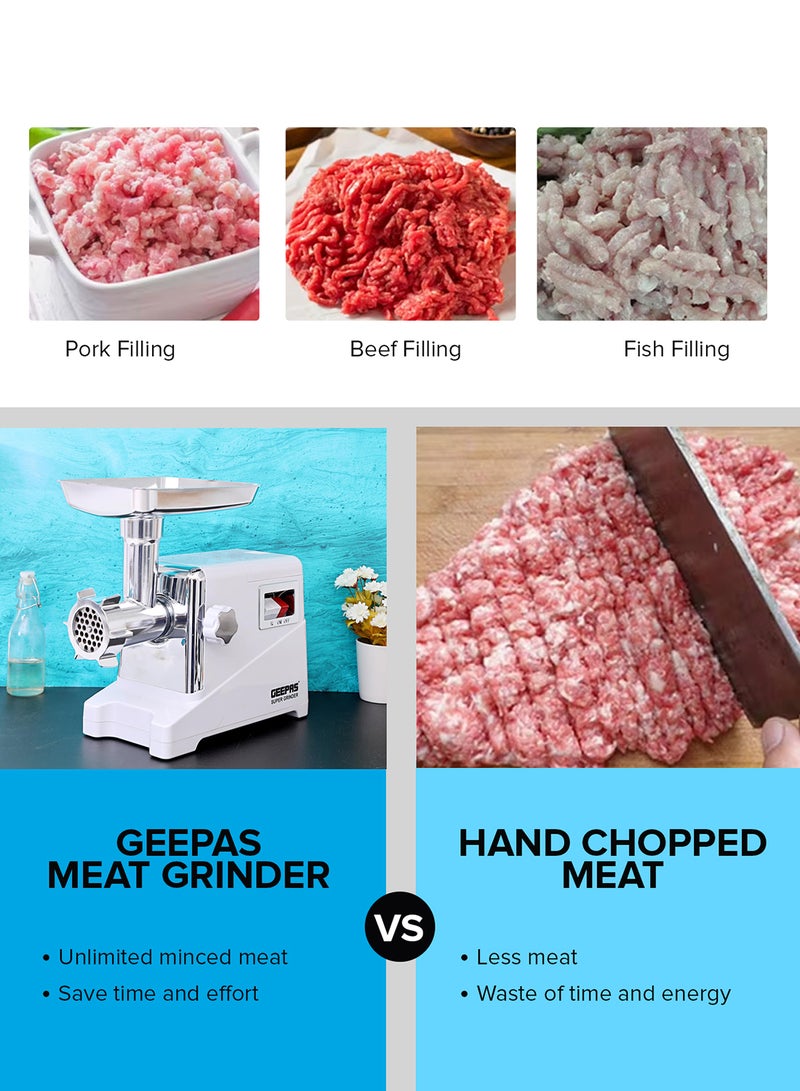 GEEPAS Metal Gear Meat Grinder with Reverse Function, Copper Material Motor, , 3 Cutting Plates -3MM, 5MM & 7 MM, Metal Gears 1600 W GMG1911 White  - Image 5
